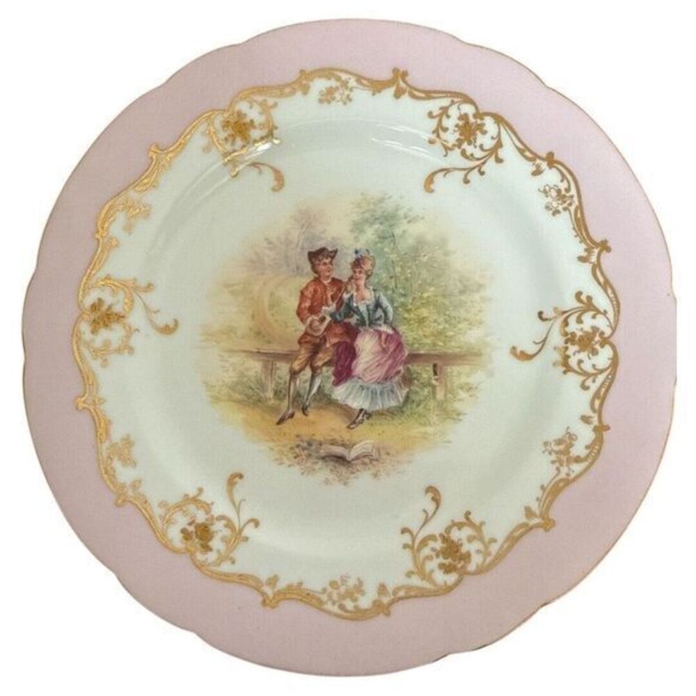 Dresden AMBROSIUS LAMM Antique Hand Painted Plate Courting Couple‎ Gold Guilded